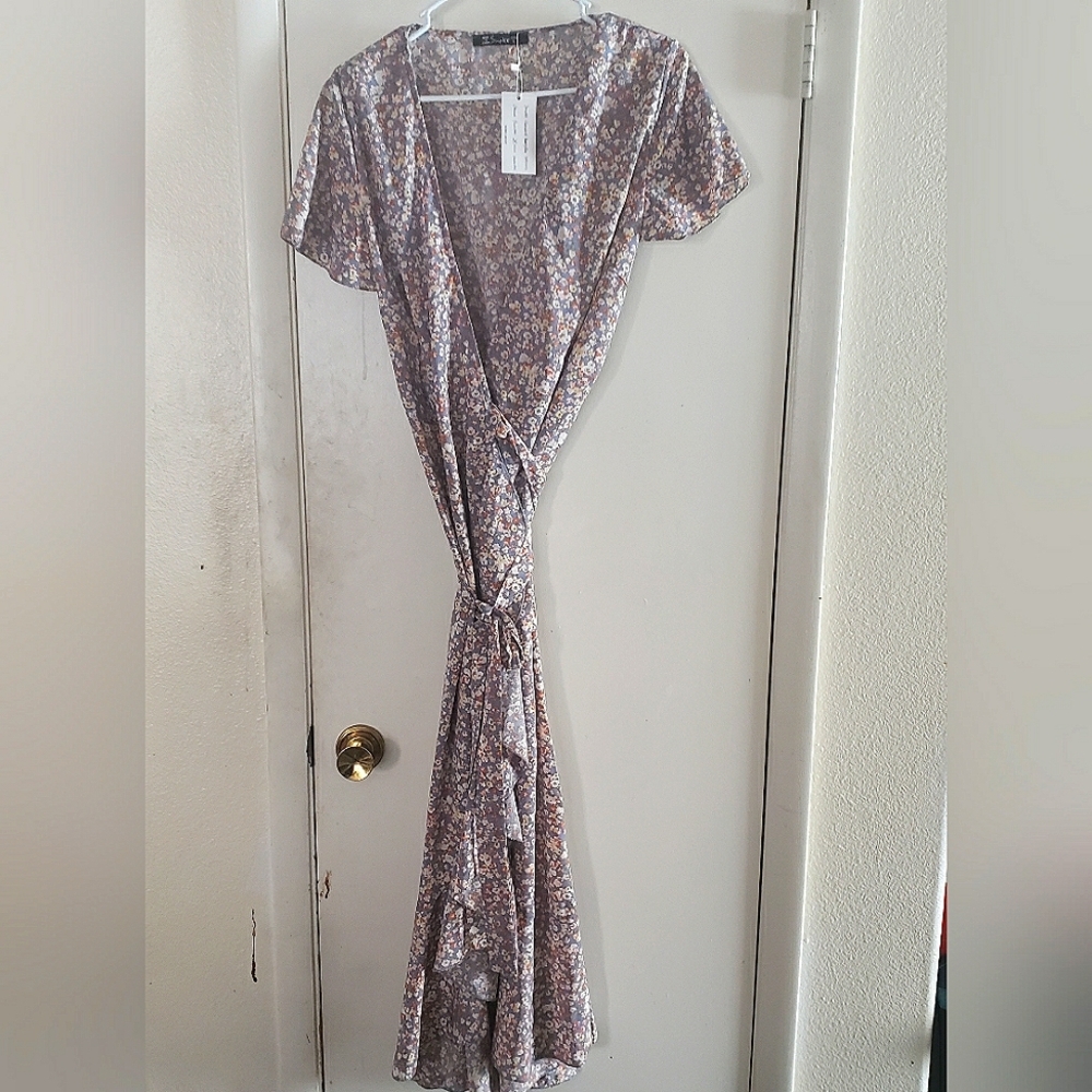 Simplee Boho Purple Ditsy Floral Wrap Dress Butterfly Sleeves High Low Ruffle L